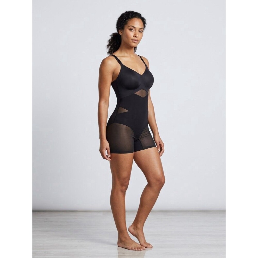 HONEYLOVE SuperPower Mid Thigh Runaway Bodysuit 1X Black Tummy Control Shaper